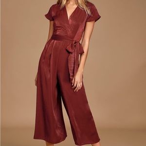 Lulu’s Simply Sleek Burgundy Satin Short Sleeve Culotte Jumpsuit